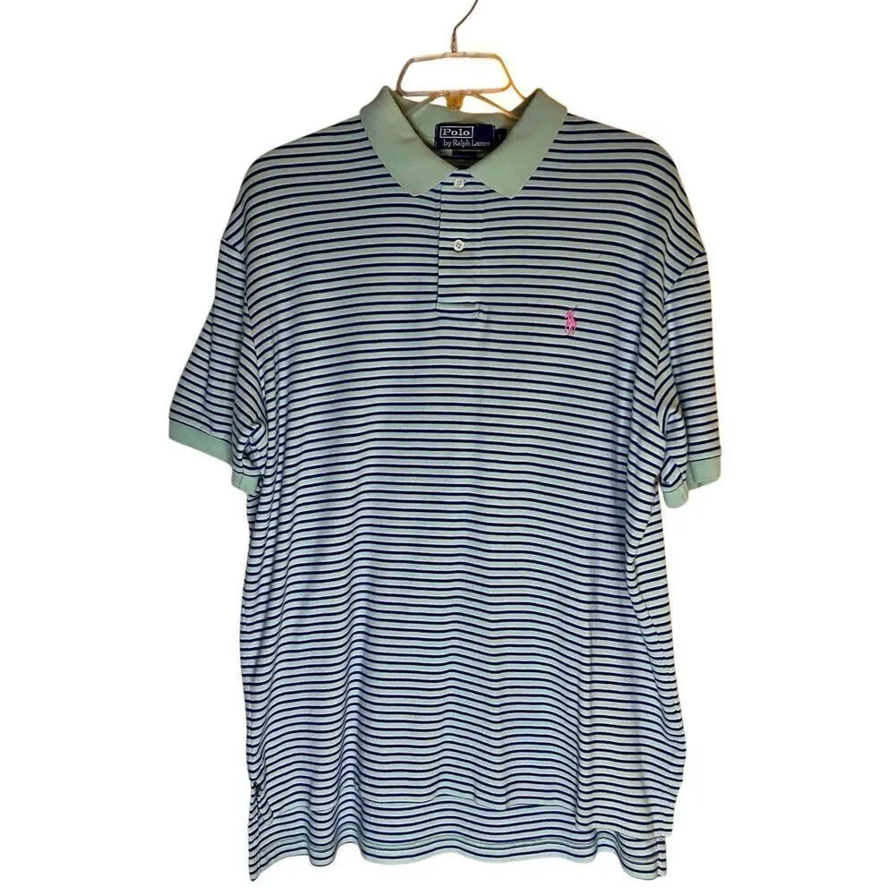 Polo by Ralph Lauren Green Blue Striped Polo Shirt, Size Large, Pink Polo Logo